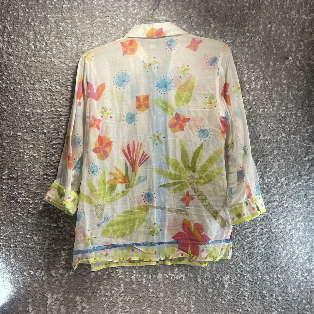Sigrid Olsen Sport Long Sleeve Button Up Blouse Semi-sheer Aloha Colorul Beach S - Picture 2 of 11